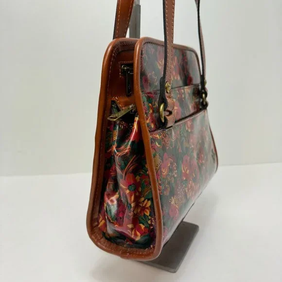 Patricia Nash Zip Close Expandable Floral Smooth Leather Tote Brown Orange Green - Picture 3 of 9
